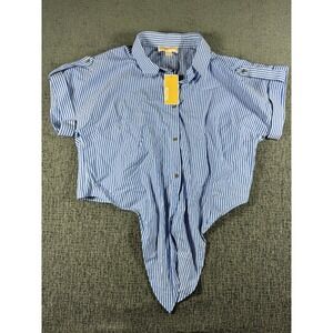 Michael Kors Womens XL Grecian Blue Striped Tie Front Button Up Blouse